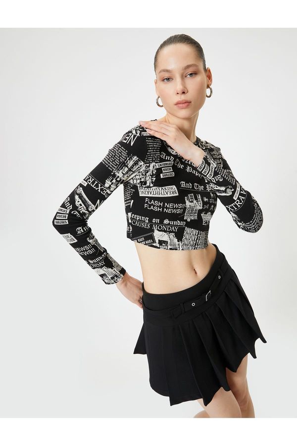 Koton Koton Long Sleeve Printed Crop T-Shirt Crew Neck Slim Fit