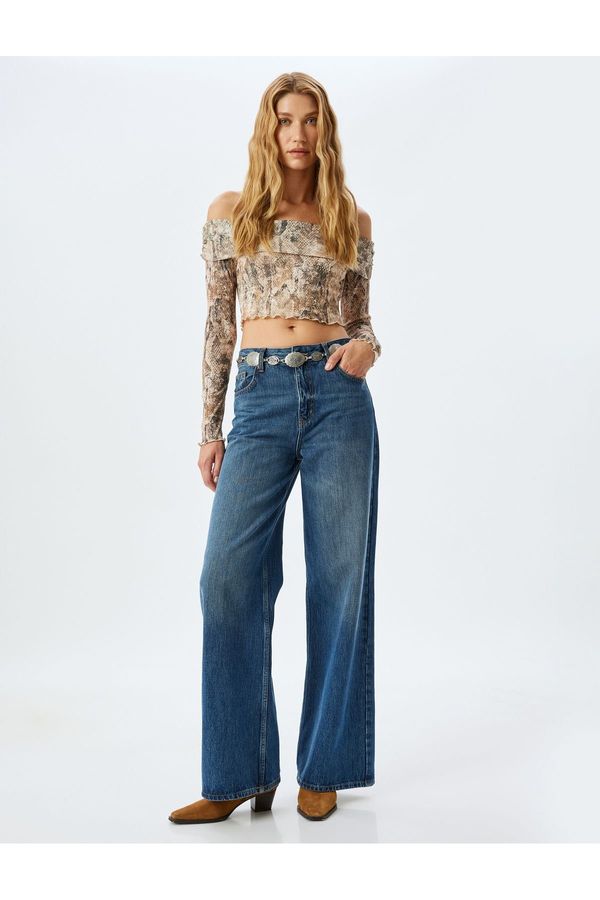 Koton Koton Long Sleeve Snakeskin Printed Off Shoulder Crop T-Shirt