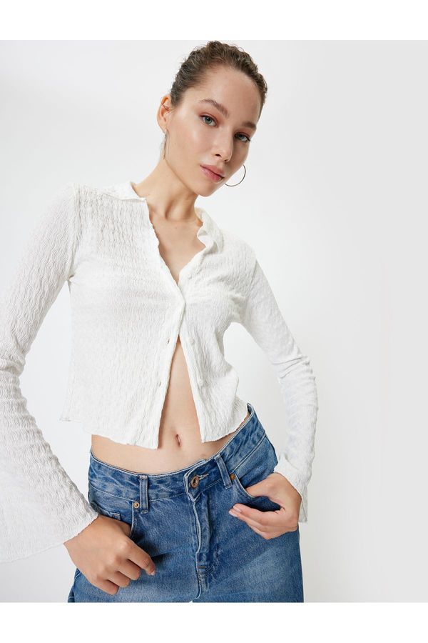 Koton Koton Long Sleeve T-Shirt Button Down Shirt Collar Textured Button Down Bell Sleeve Slim Fit