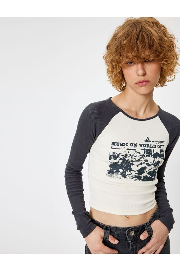 Koton Koton Long Sleeve T-Shirt Printed Color Block Crew Neck Slim Fit