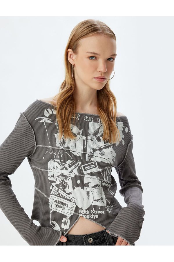 Koton Koton Long Sleeve T-Shirt Ribbed Printed Boat Neck Asymmetric Cut Slim Fit