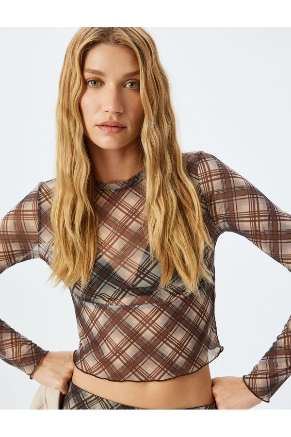 Koton Koton Long Sleeve Transparent Tulle Plaid Crop T-Shirt