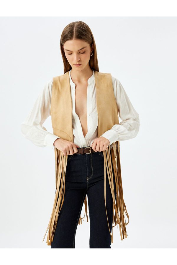 Koton Koton Long Tassel Faux Suede Vest