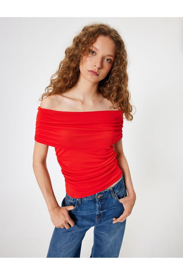 Koton Koton Madonna Collar Off-The-Shoulder T-Shirt Draped Short Sleeve Slim Fit