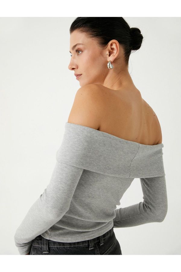 Koton Koton Madonna Collar Off-the-Shoulder T-Shirt Ribbed Layered Detail Long Sleeve Slim Fit