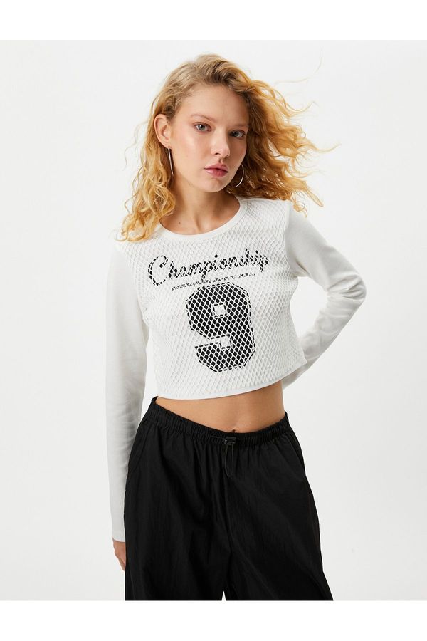 Koton Koton Mesh College Crop T-Shirt Long Sleeve Crew Neck Cotton