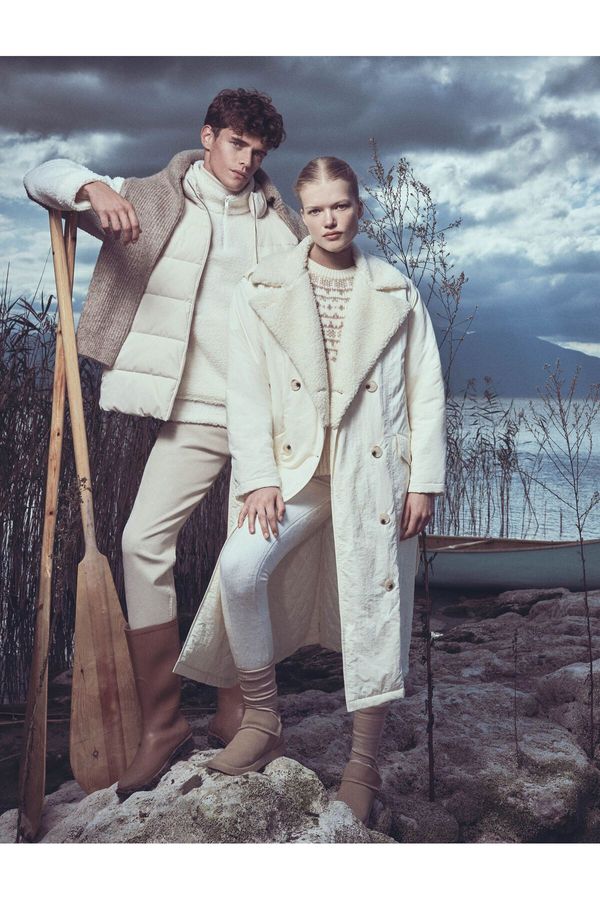 Koton Koton Midi Double Breasted Coat Plush Collar Buttoned Belted With Pocket