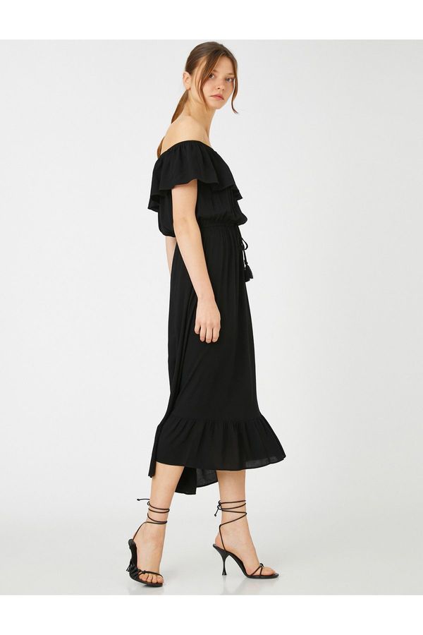 Koton Koton Midi дълга рокля с отворени рамене, къдри с вратовръзка талията