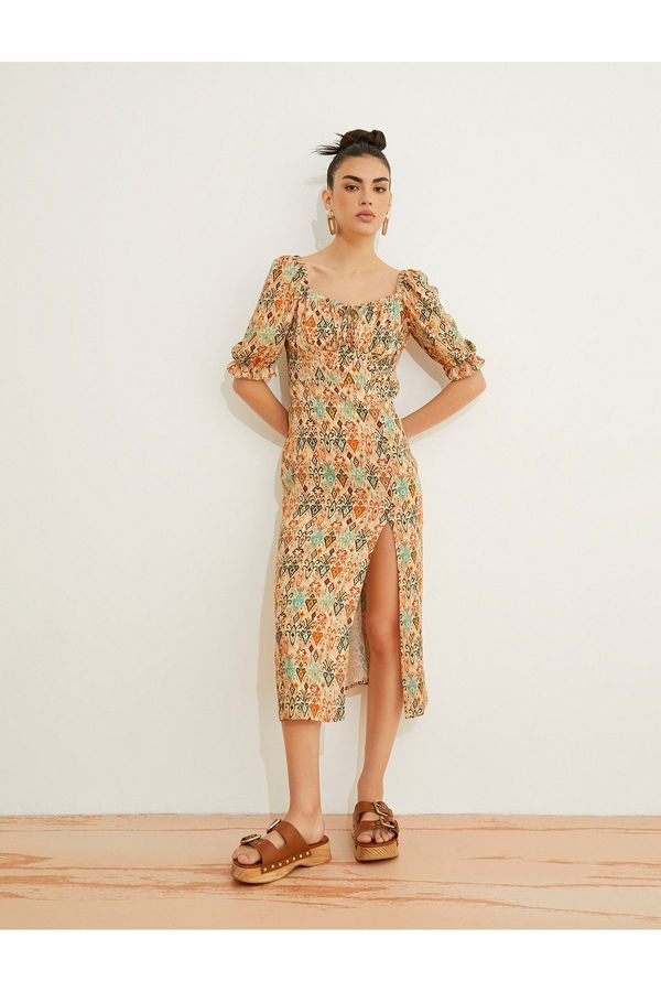 Koton Koton Midi рокля вискоза квадратен врата балон ръкав цепка