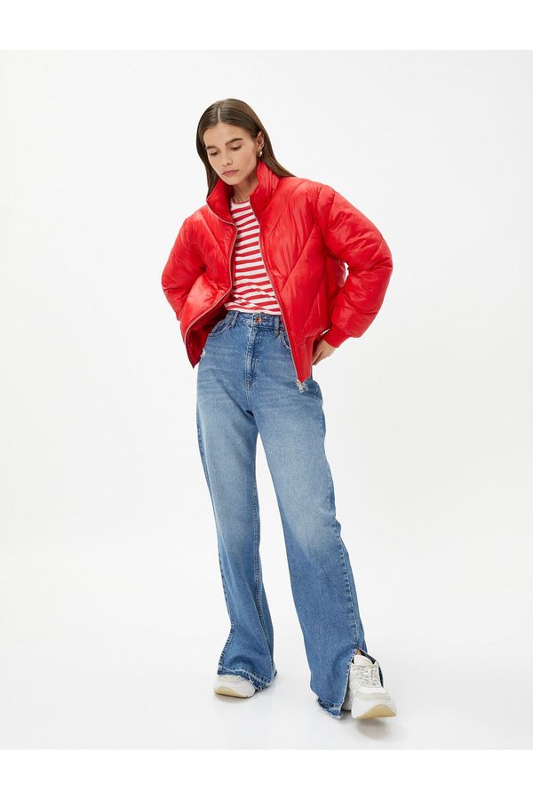 Koton Koton надуваеми палто стоящи врата цип лъскав текстурирани