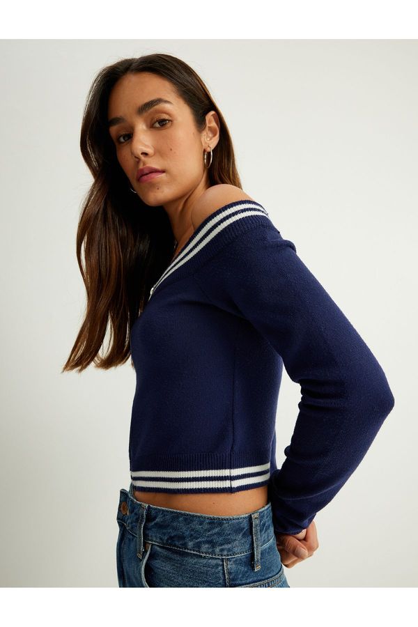 Koton Koton Off the Shoulder Knitted Sweater Zippered Long Sleeve