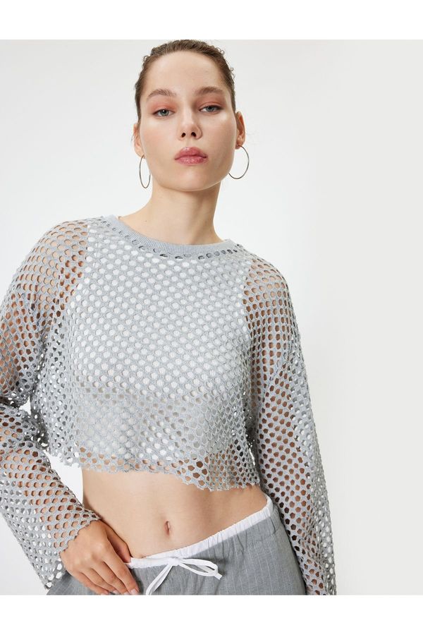 Koton Koton Openwork Crop T-Shirt Long Sleeve Crew Neck Comfortable Fit