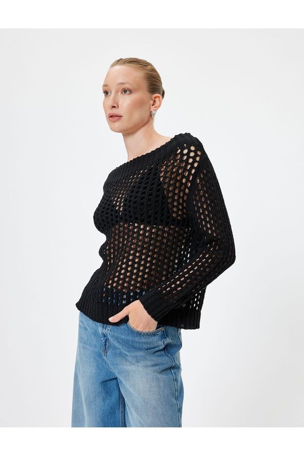Koton Koton Openwork Knitwear Oversize Sweater Round Neck Long Sleeve