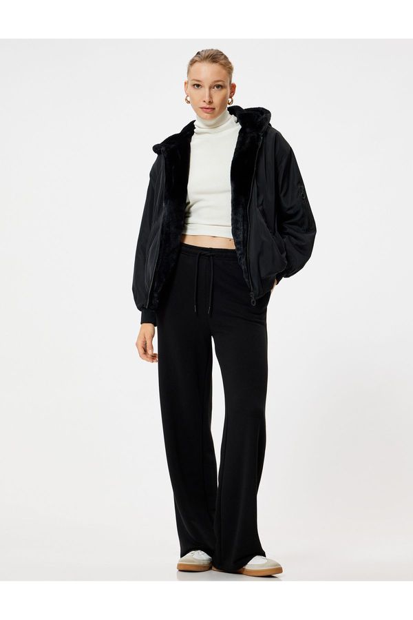 Koton Koton Oversize Bomber Puffer Jacket with Zippered Hood and Faux Fur Inside