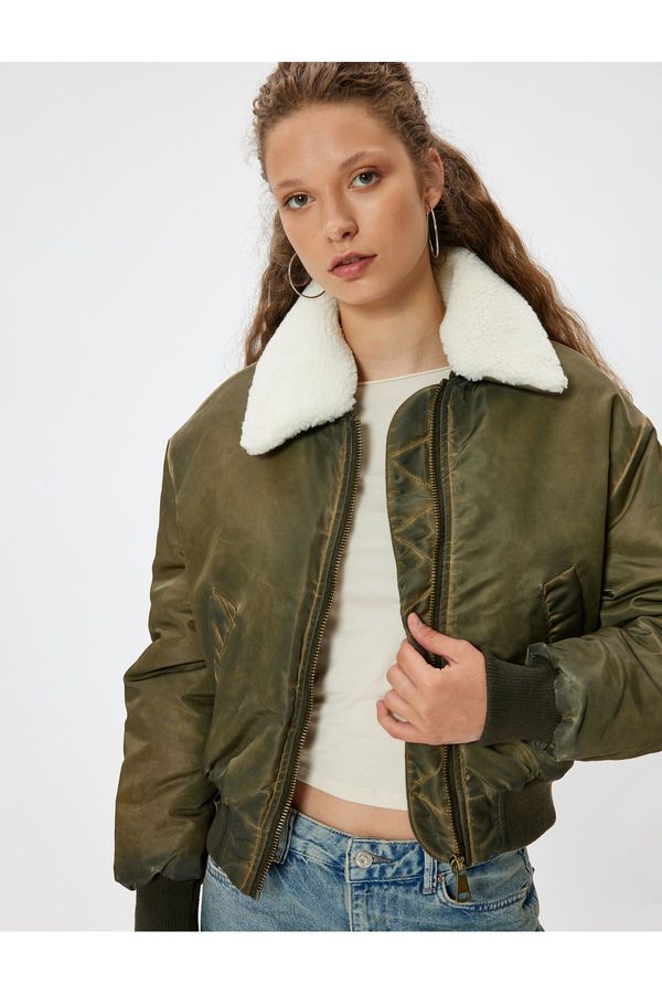 Koton Koton Oversize Crop Jacket Faux Fur Collar Zippered Washed Pocket Detail