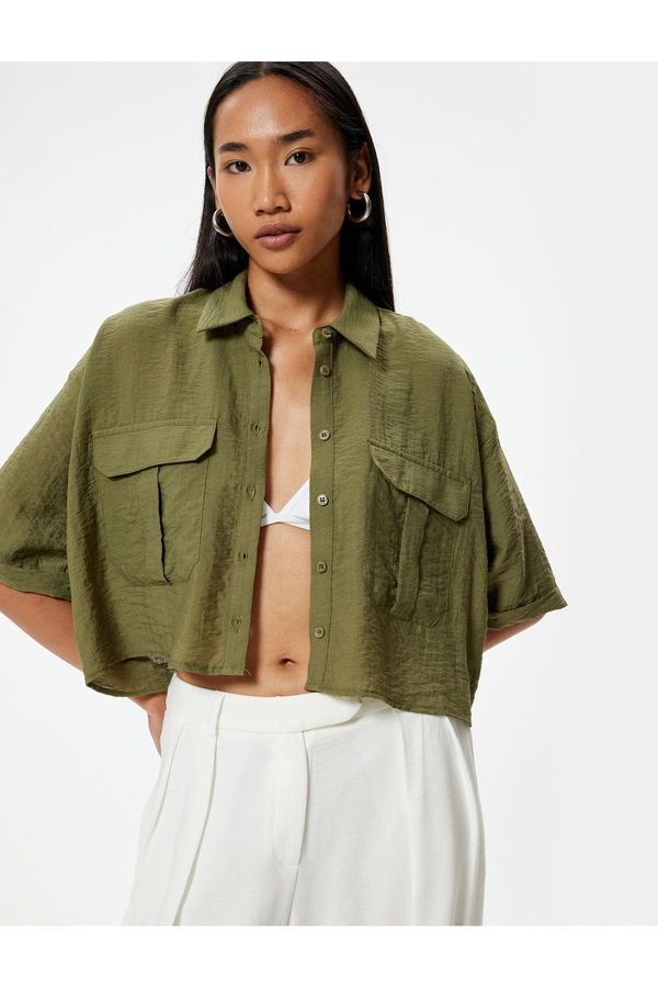 Koton Koton Oversize Crop Shirt Short Sleeve Flap Pocket Detailed Viscose Fabric