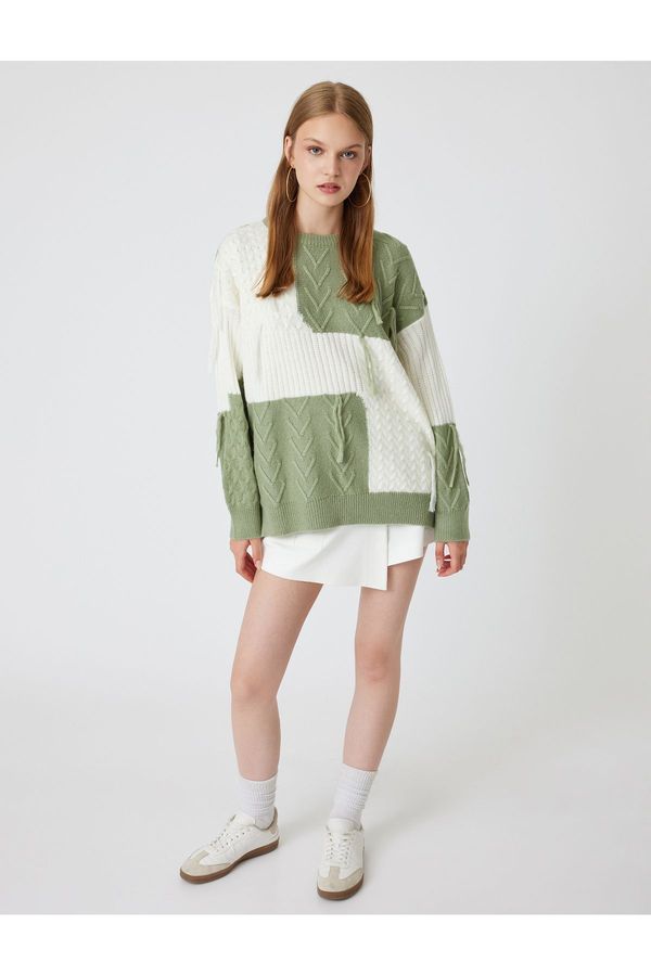 Koton Koton Oversize Knitwear Sweater Crew Neck Color Block Textured