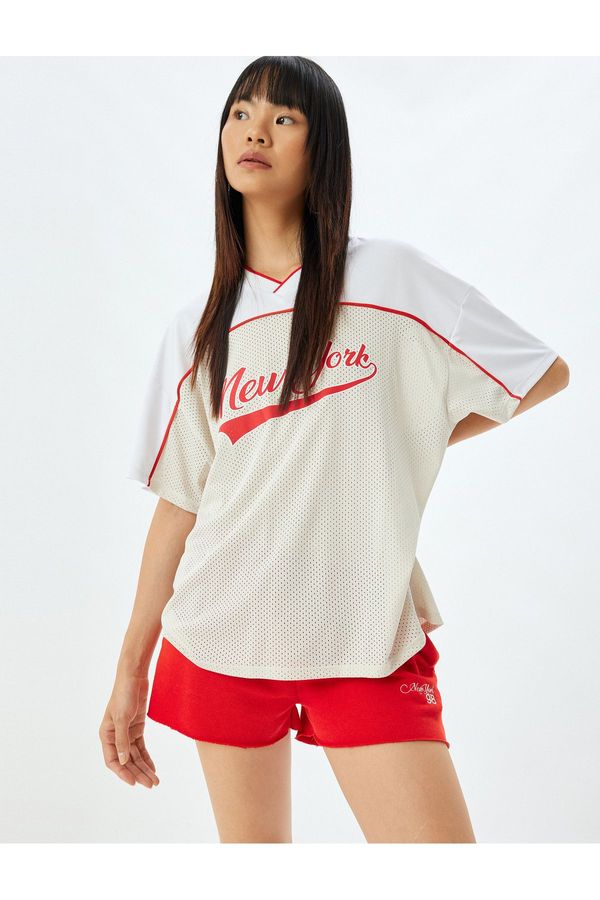 Koton Koton Oversize Mesh T-Shirt V Neck College Printed Short Sleeve