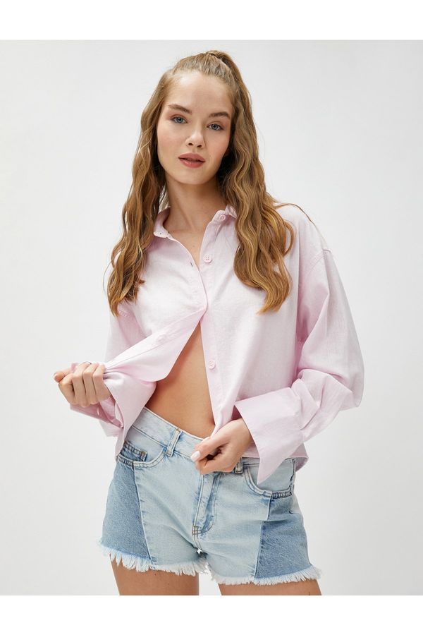 Koton Koton Oversize Shirt Linen Blend Crop Buttoned Long Sleeve