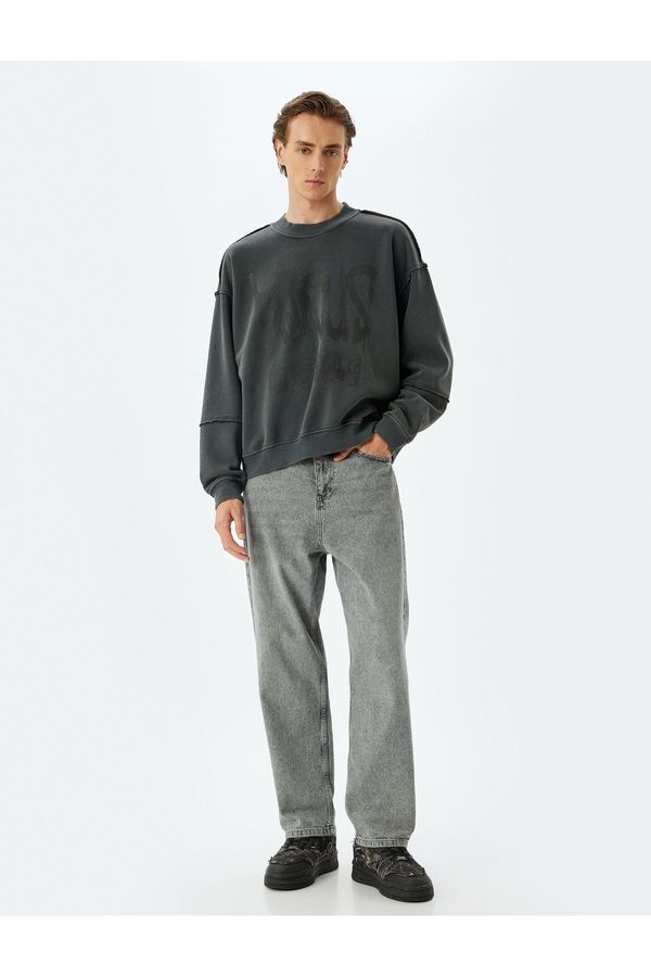Koton Koton Oversize Sweatshirt Printed Crew Neck Washed Raised Cotton Blend