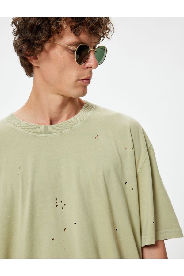 Koton Koton Oversize T-Shirt Fraying Detailed Short Sleeve Crew Neck Cotton