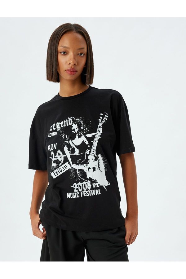 Koton Koton Oversize T-Shirt Slogan Printed Crew Neck Short Sleeve Cotton