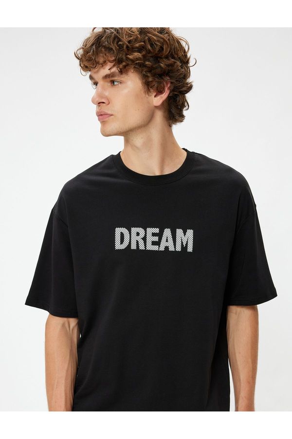 Koton Koton Oversize T-Shirt Slogan Printed Crew Neck Short Sleeve Cotton