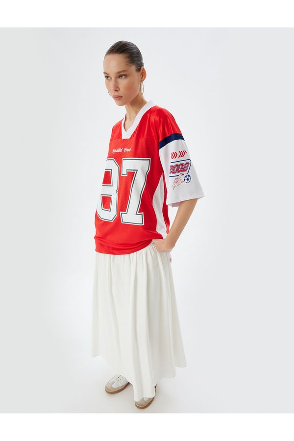 Koton Koton Oversize T-Shirt V Neck Back College Print Short Sleeve Mesh Detail