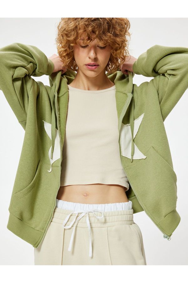 Koton Koton Oversize Zippered Sweatshirt Hooded Star Embroidered Pocket Detailed Ribbon