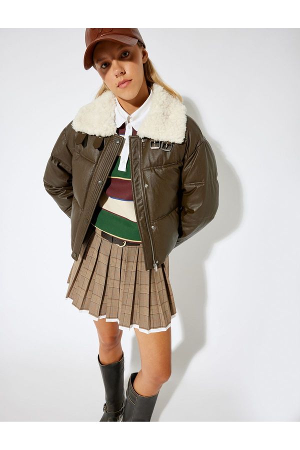 Koton Koton Pleated Plaid Mini Skirt with Belt Detail