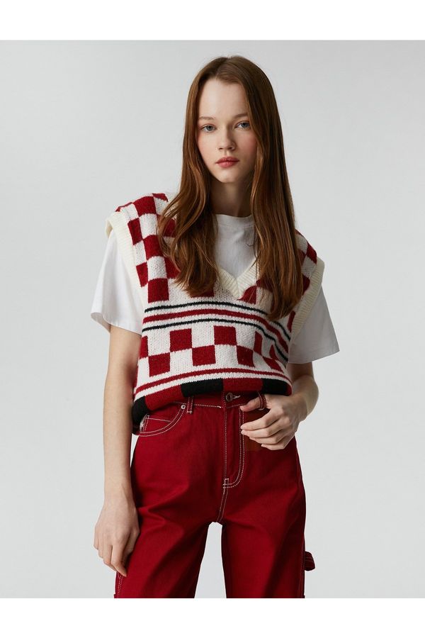 Koton Koton плетен пуловер v-образно деколте шарени оребрени