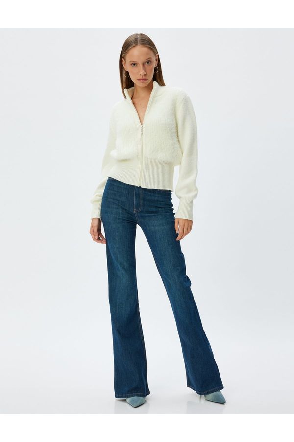 Koton Koton Plush Cardigan Zippered Stand Collar Ribbed