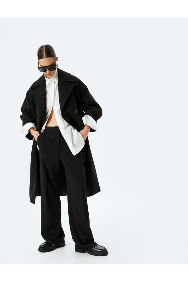 Koton Koton Pocket Buttoned Double Breasted Long Oversize Cashmere Coat