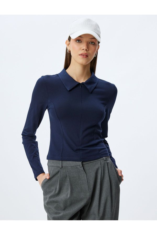 Koton Koton Polo Collar Zippered Stitched Detail Slim Fit Long Sleeve T-Shirt