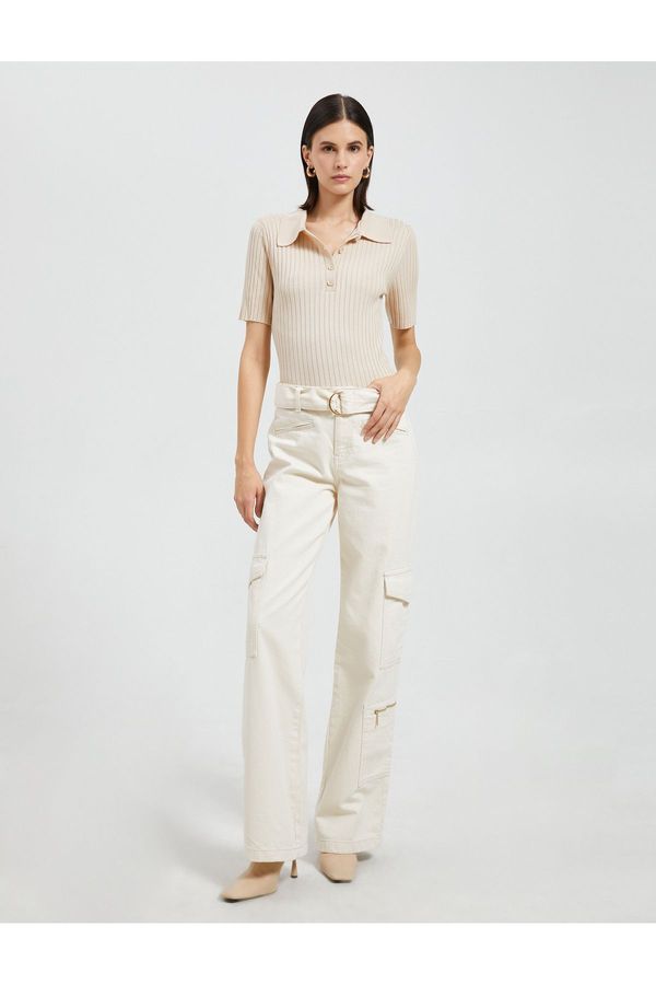 Koton Koton поло врата трикотаж пуловер закопчана къс ръкав кашмир текстурирани