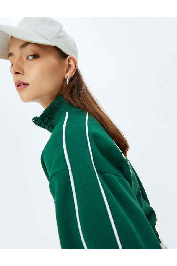 Koton Koton Printed Back Stand Collar Zippered Piping Raised Oversize Crop Sweatshirt