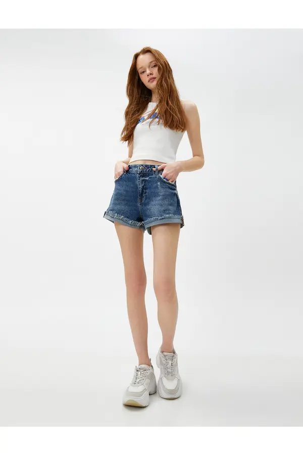 Koton Koton Ripped Denim Shorts With Pocket Detailed Button Button.