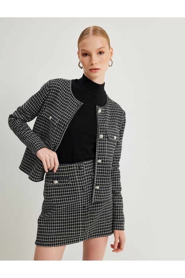 Koton Koton Round Neck Buttoned Tweed Jacket with Flap Pocket Detail