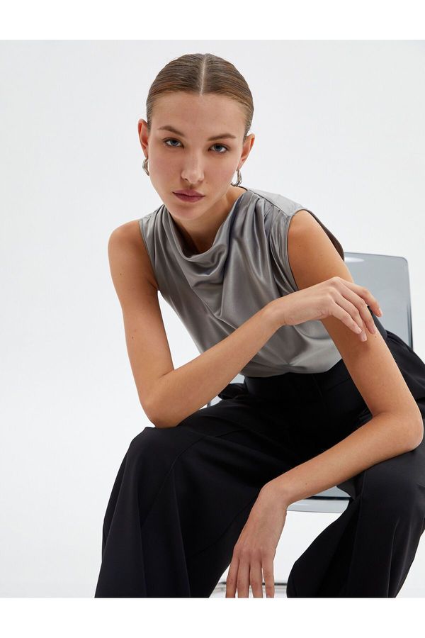 Koton Koton Satin Turndown Collar Blouse Sleeveless Metallic Look
