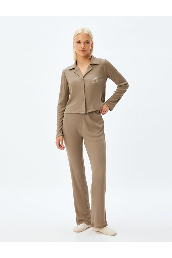 Koton Koton Shirt Collar Pajama Set Ribbed Long Sleeve Top and Straight Leg Bottom 2-Piece