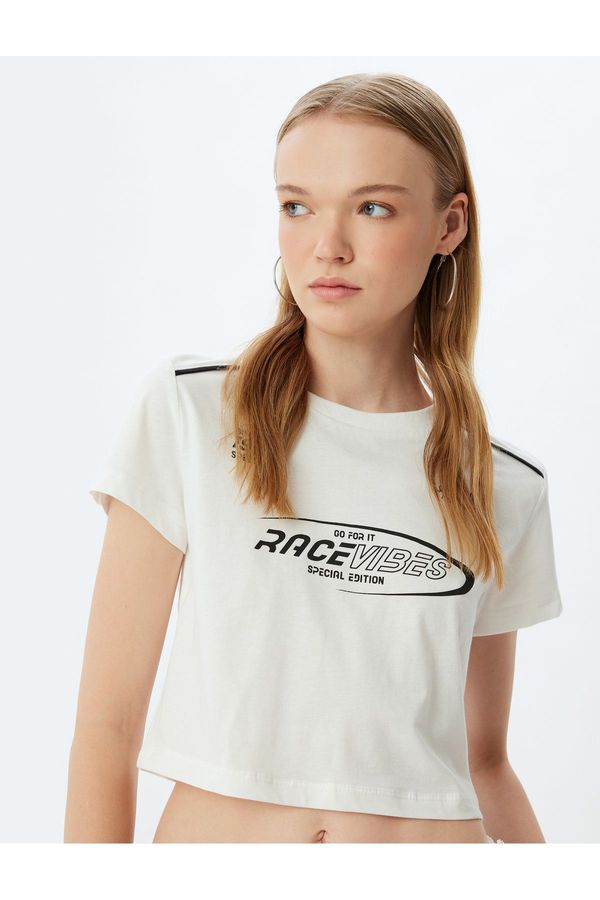 Koton Koton Short Sleeve Crew Neck Crop T-Shirt with Slogan Print on Back