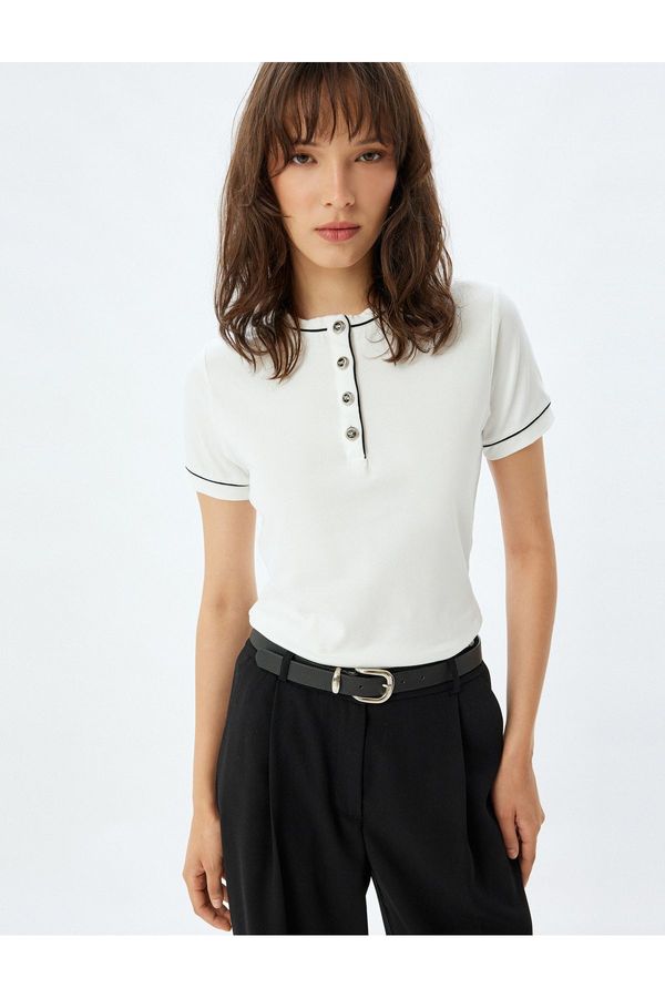 Koton Koton Short Sleeve T-Shirt Slim Fit Buttoned Crew Neck Contrast Detail Cotton