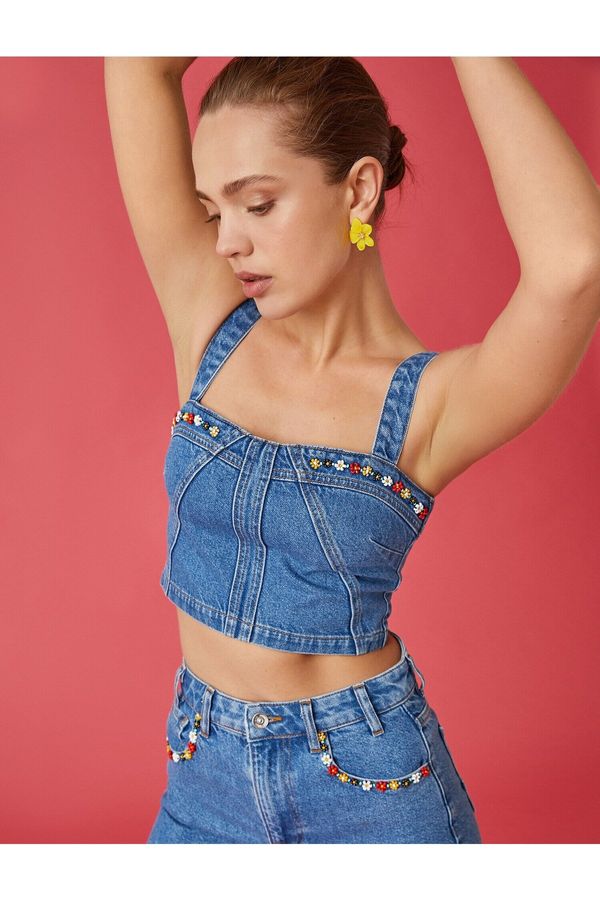 Koton Koton Sleeveless Beaded Embroidered Denim Crop Top