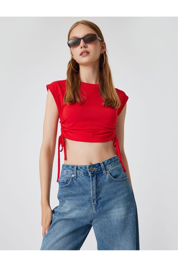 Koton Koton Sleeveless Crop T-Shirt with Gathered Side Ties and Crew Neck