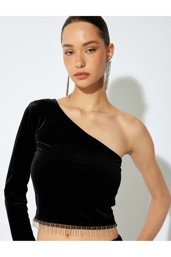 Koton Koton Slim Fit Long Sleeve Rhinestone One Shoulder Velvet Bodysuit