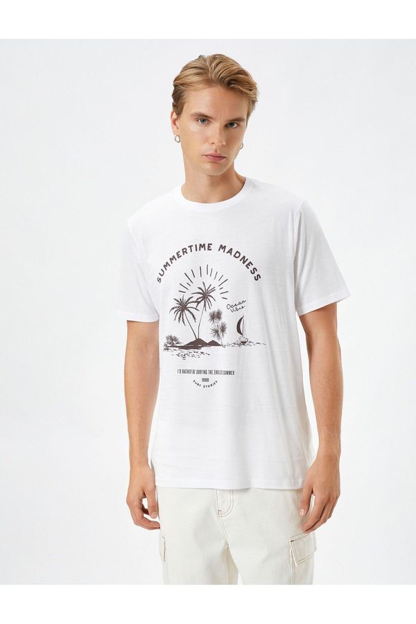 Koton Koton Slogan Printed T-Shirt Summer Theme with a Crew Neck Short Sleeve Cotton.