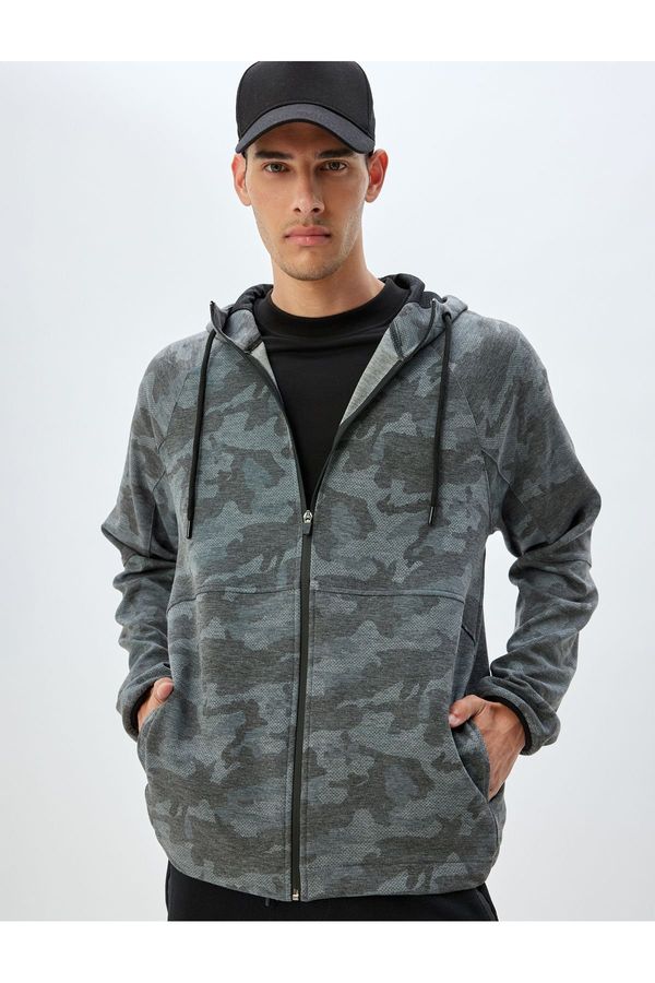 Koton Koton Sports Sweatshirt Hooded Zippered Scuba Fabric Camouflage Patterned Pocket Detailed Viscose Blend