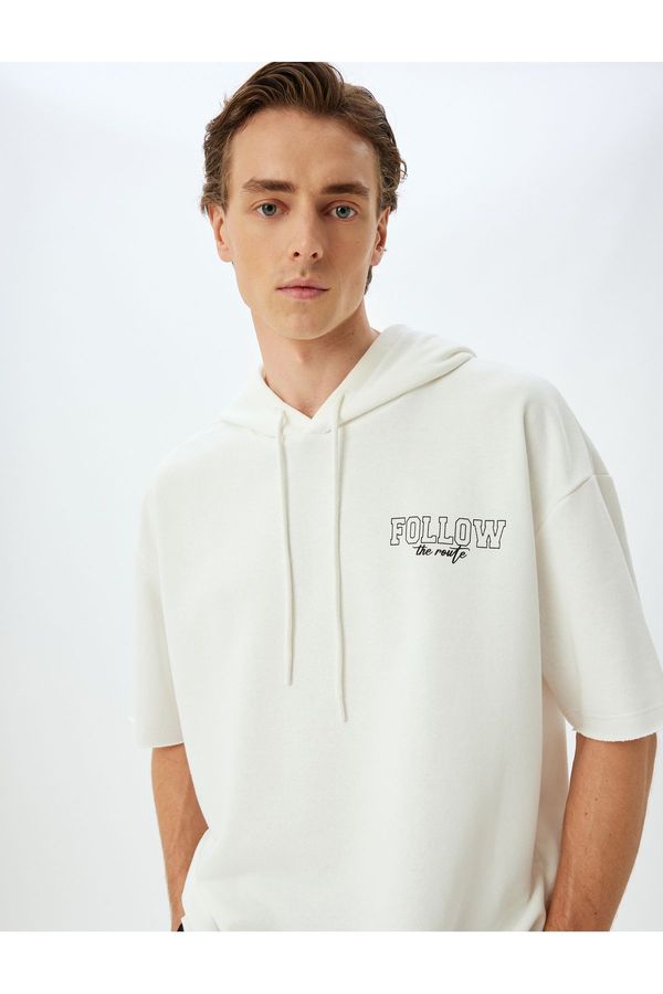 Koton Koton Sports Sweatshirt Oversize Hooded Slogan Printed Half Sleeve Cotton Blend