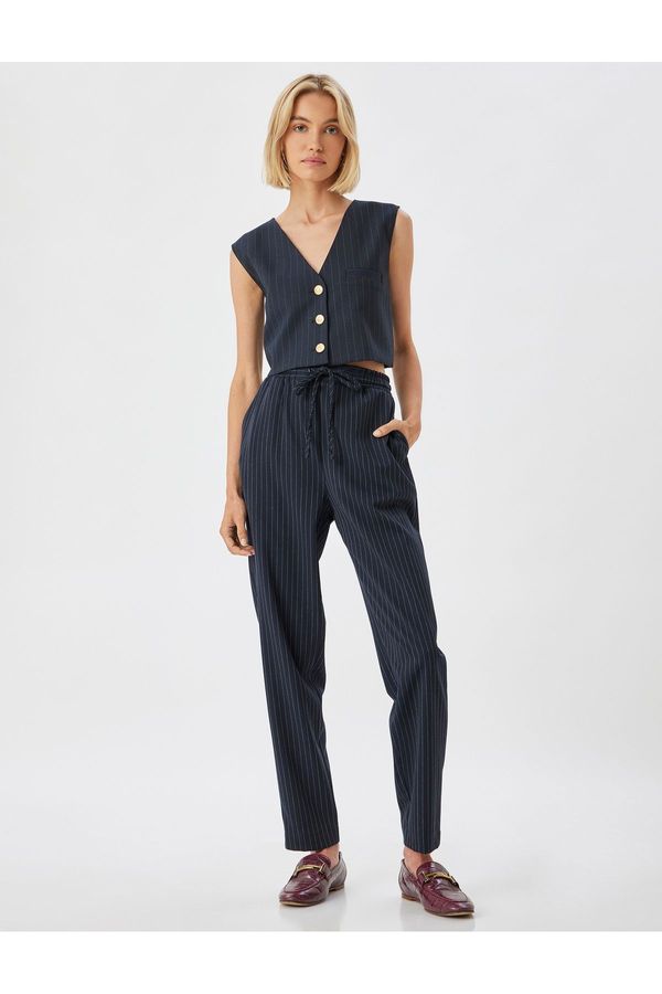 Koton Koton Striped High Waist Cigarette Trousers with Pockets and Waist Tie