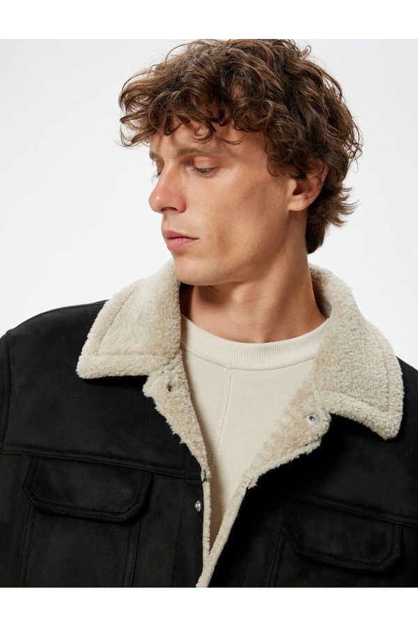 Koton Koton Suede Look Jacket Slim Fit Plush Detail Shirt Collar